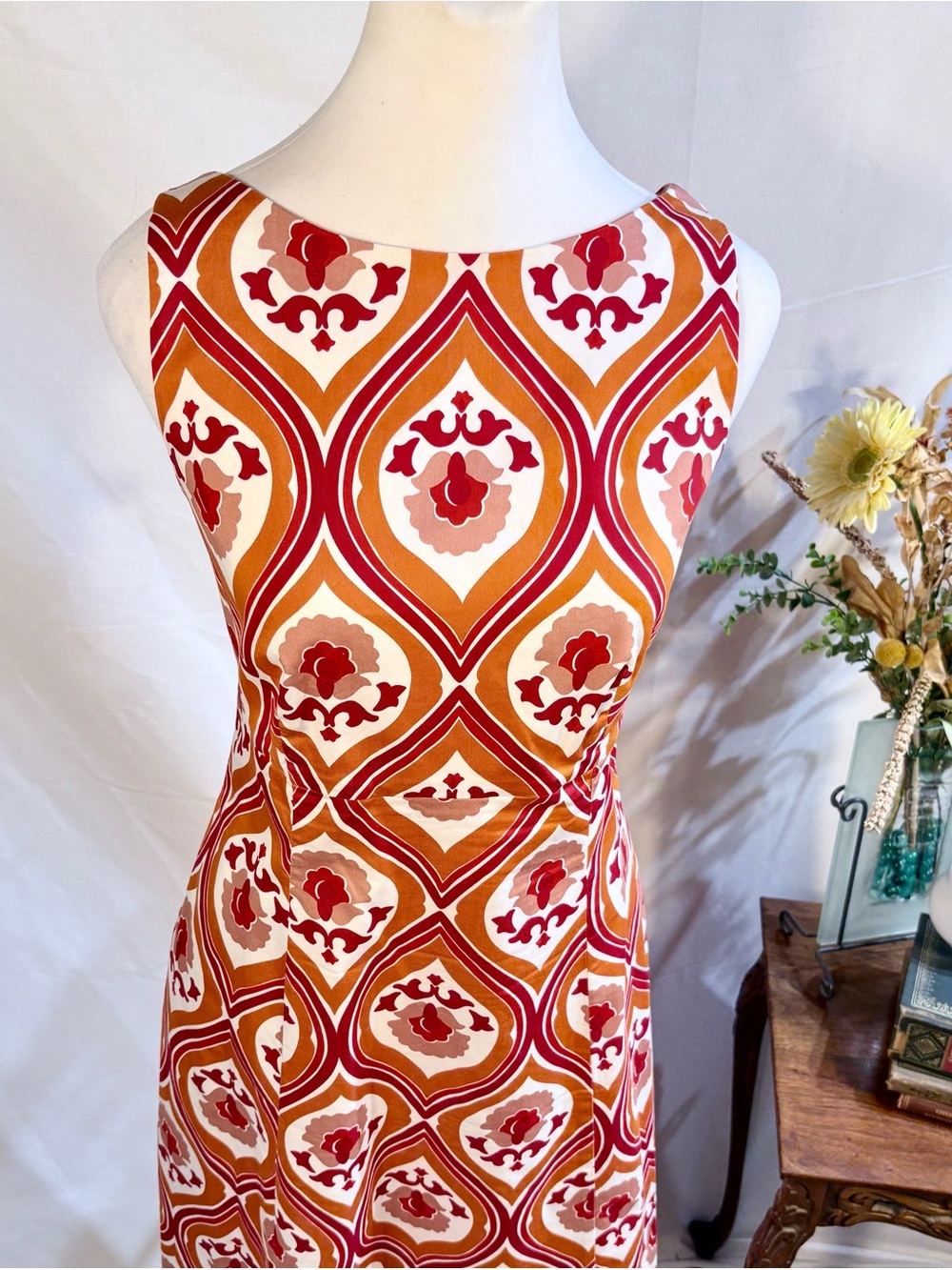 Boden Slash Neck Midi Dress Kumquat, Geo Cascade Pockets Stretch Cotton 8🧡 - Picture 2 of 9